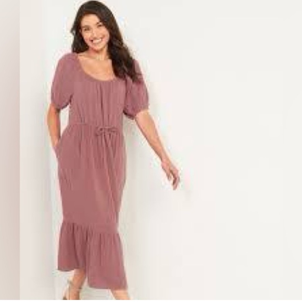 Old Navy Puff-Sleeve Scoop-Neck Waist-Defined Midi Dress Cotton Rose Size XS
